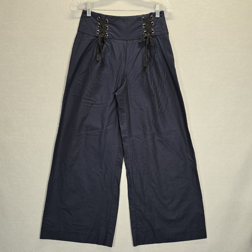 Zara Women's High Waisted Wide Leg Cropped Corset-Belt Pants Small Blue